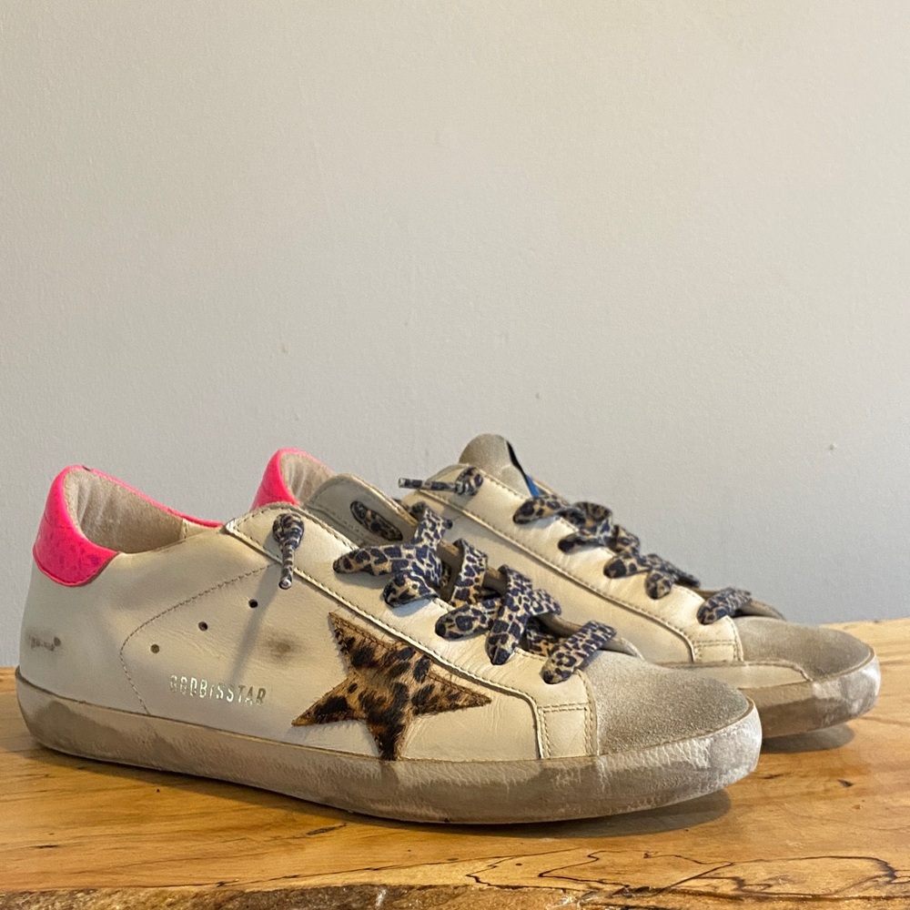 Golden Goose Women's Cream and Pink Sneakers with Leopard Star